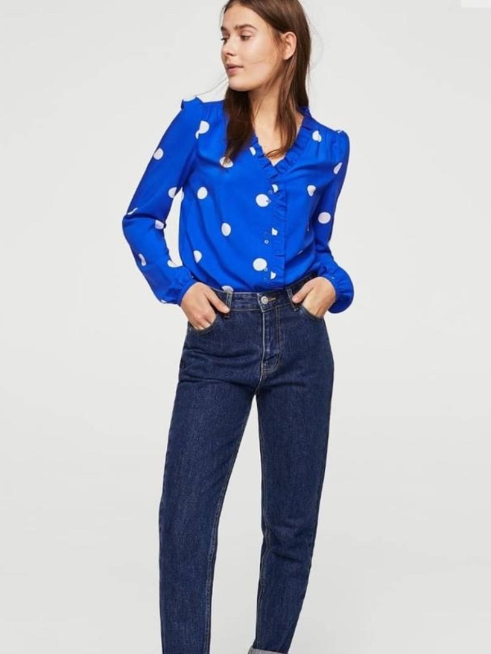 Mango Blue Polka Dot Ruffle Blouse | Long Sleeve | XXS